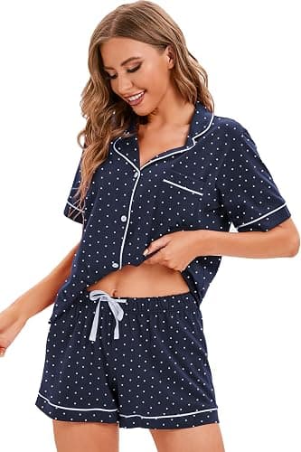 LUBOT 100% Cotton Pajamas for Women 2 Piece PJ Set Button-Down Soft Knit Short Sleeve Summer Sleepwear Loungewear XS-XXL - Image 1