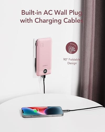 VEGER Portable Charger with Built-in AC Plug and Cables, All in One 10000mAh Ultra Slim Power Bank Travel Essentials, Fast Charging Battery Pack Compatible with iPhone, Samsung, Android (Crepe) thumbnail 3