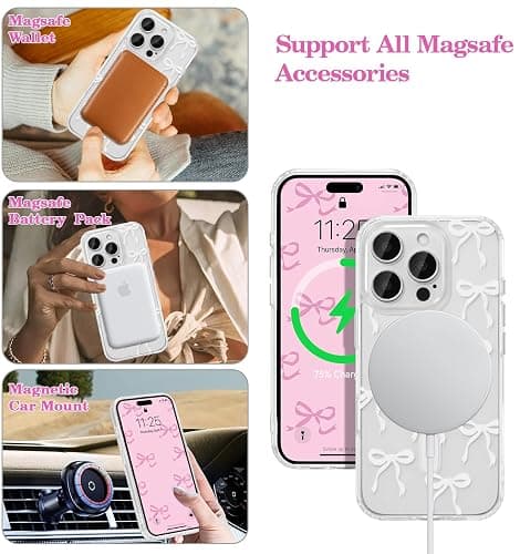 UEEBAI Magnetic for iPhone 14 Pro Max Case, Bow Case Compatible with MagSafe, Wireless Slim Clear Ribbon Aesthetic Phone Cover Anti-Yellowing Shockproof Protective Cover for Women Girl - White thumbnail 2