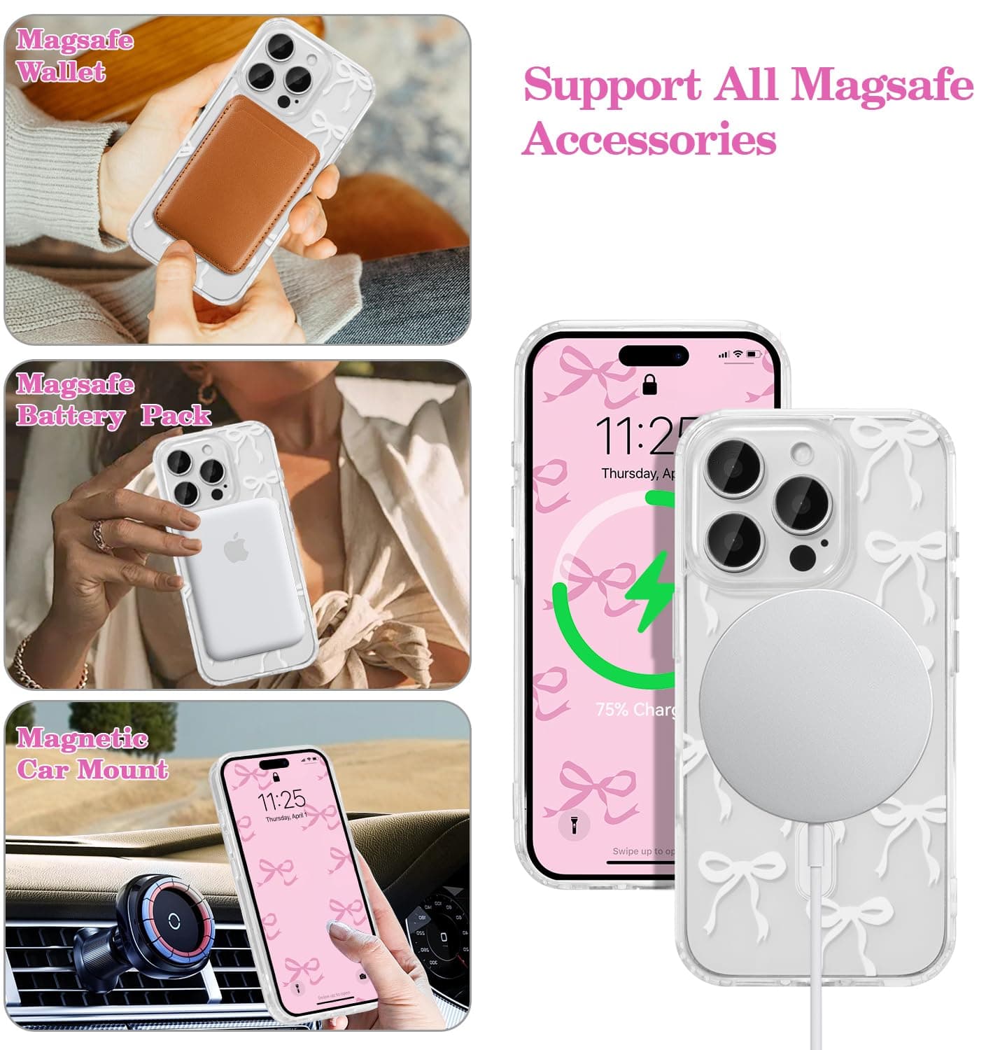UEEBAI Magnetic for iPhone 12 Case & iPhone 12 Pro Case, Bow Case Compatible with MagSafe, Wireless Slim Clear Ribbon Phone Case Anti-Yellowing Shockproof Protective Cover for Women Girl - White thumbnail 2