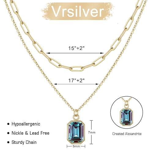 Vrsilver Layered Birthstone Necklace for Women Girls, Gold Silver Rose Gold Plated Layered Paperclip Chain Choker Necklace with Rectangle Birthstone Pendant Birthday Gifts for Women Girls Jewelry - 15"+2"/17"+2" - Gold - 06 Jun - Alexandrite thumbnail 6