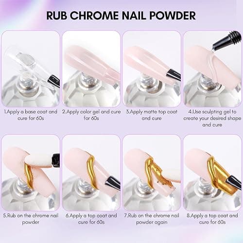 Makartt 3D Nail Gel and Chrome Nail Powder Kit, Sculpting Gel for Nail Art, 15g DIY Craving Gel, No wipe 3D Molding Gel and Metallic Chrome Powder Set for Nails Decoration Manicure Pedicure Use - clear & chrome thumbnail 7