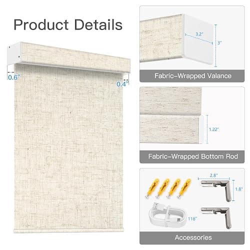 Tokblind Motorized Blackout Roller Shade Fabric Covered Valance and Bottom Rod, Remote Control Electric Window Blind Compatible with Alexa Google via Hub, Custom Size (Texture Beige - Wrapped Fabric) thumbnail 6
