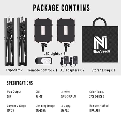 NiceVeedi 2-Pack Photography Lighting Kit, 36W Bi-Color Studio Lights 2700-6500K CRI 95+, Dimmable LED Video Light Kit with Remote Control & 72” Tripod Stand, Lighting for Video Recording/Photography thumbnail 7
