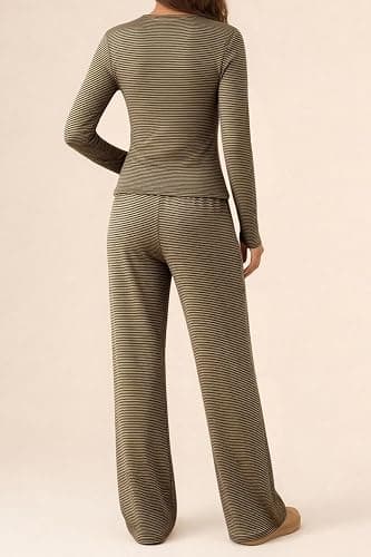 CHYRII Women Two Piece Sets Fall Long Sleeve Striped Lounge Sets Pajamas | Soft Cotton Pajamas Sets,Fitted Long Sleeve Top,Drawstring Wide Leg Palazzo Pants,Comfy Fall Matching Sets thumbnail 5