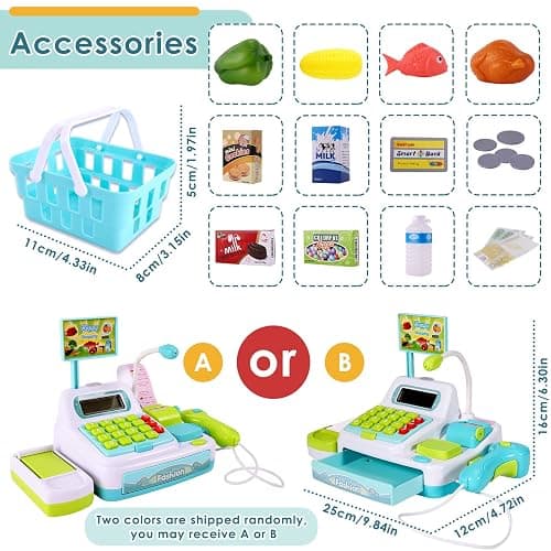 BUYGER Kids Till Cash Register with Scanner Pretend Shopping Playset | Sound and Light Scanner, Supermarket Dinette Cash Register for Children Birthday Gifts for 3 Years, Blue, 25 x 12 x 16 cm thumbnail 2