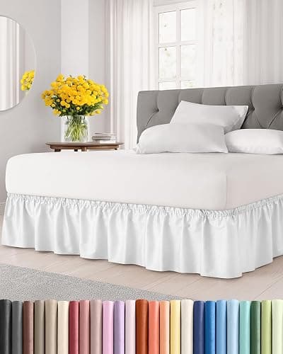 Wrap Around Dust Ruffle Bed Skirt, Full Size Beds - 24 Inch Drop, White | Easy Fit Elastic Strap, Adjustable Pleated Bedskirt w/Brushed Fabric, Wrinkle & Fade Free, for Women, Men, Kids & Teens - Image 1