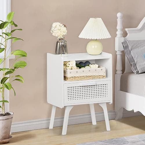 Lerliuo Rattan Nightstand, Side Table with Drawer Open Shelf, Cane Accent Bedside End Table with Solid Wood Legs, Mid Century Modern Night Stand for Bedroom, Dorm and Small Spaces (White) thumbnail 6