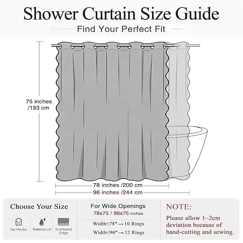 Furlinic Scalloped Shower Curtain No Hook 96 Inch White Linen Fabric Waterproof Extra Wide Wrap Around Curtain, Vintage Modern Bright Heavy Hotel Neutral Textured Elegant Cloth Curtain W 96" x H 75" thumbnail 2
