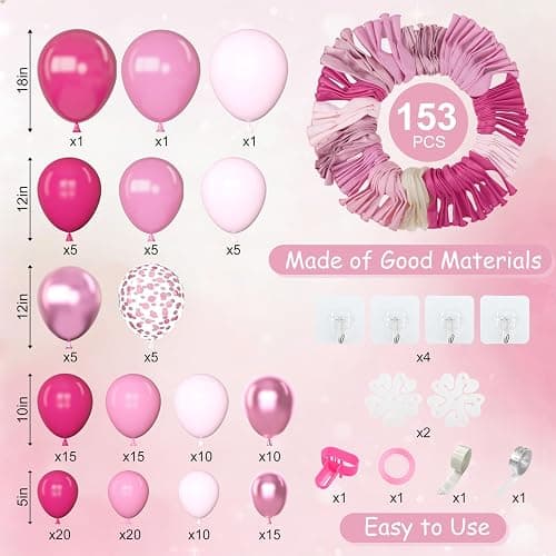 Amandir 153 Pcs Pink Balloon Arch Garland Kit, Different Sizes 18 12 10 5 inch Latex Metallic Confetti Hot Pink Balloons for Mothers Day Baby Shower Birthday Princess Wedding Party Decorations thumbnail 2