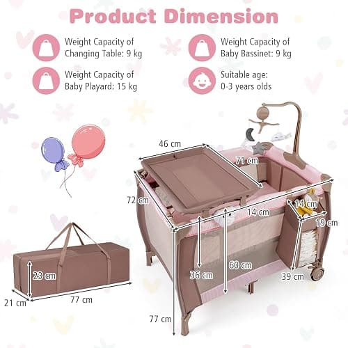 COSTWAY 3 in 1 Portable Travel Cot, Folding Baby Bassinet and Activity Playpen with Changing Table, Mattress, Music Box, Hanging Toys, Wheels and Carry Bag, Baby Crib Bed for Boys Girls (Pink) thumbnail 5