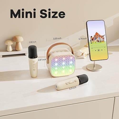 YLL Mini Karaoke Machine with 2 Wireless Microphones for Kids Adults, Portable Bluetooth Speaker Gift for Girls Toys 4, 5, 6, 7, 8, 10, 12+ Years Old Teens Birthday(Beige) thumbnail 7