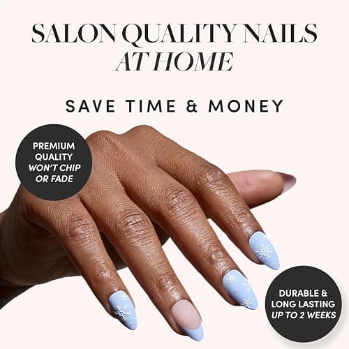 Glamnetic Press On Nails - Snow Bunny | Short Almond Fake Nails in Pale Blue with French Tips & 3D Snowflake Designs in a Matte Finish, Salon Quality Winter Nails | 15 Sizes - 30 Nail Kit with Glue thumbnail 2