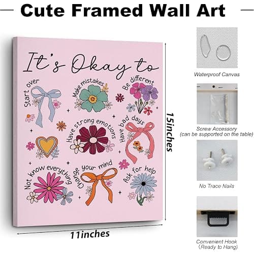 Inspirational Gifts for Women Girls Boho Floral Bow Hippie Decor Canvas Wall Art Wall Decor, Affirmations Mental Health Framed Prints Poster Artwork for Home Office Bedroom Girls Room,11.4x15IN thumbnail 2