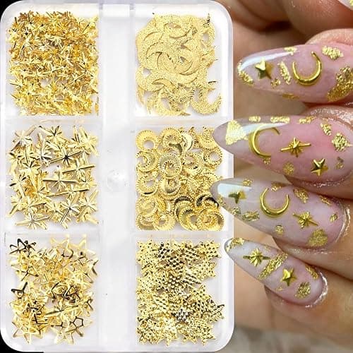 Gold Nail Charms, 2Boxes Gold Star Ocean Nail Gems Charms, Metal Small Star Moon Seashell Starfish Summer Charms for Acrylic Nail Art Alloy Nail Rhinestones for Women DIY Accessories thumbnail 2