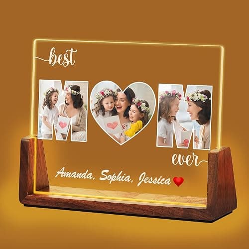 Personalized Mothers Day Birthday Gifts for Mom from Daughter Son Kids, Customized Acrylic Plaque LED Walnut Photos Frame with Night Light, Best Mom Ever Gifts for MAMA Wife Women - Image 1