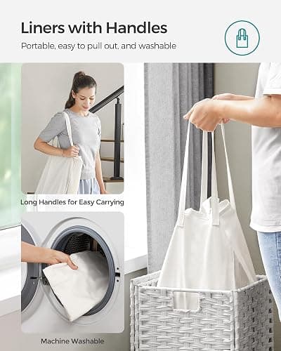 SONGMICS Laundry Hamper with Lid, 17.2 Gallon (65 L) Synthetic Rattan Clothes Laundry Basket with Lid and Handles, Foldable, Removable Liner, Cloud White ULCB165W01 thumbnail 7