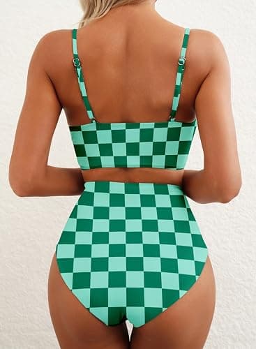 Herseas 2 Piece High Waisted Bikini Set for Women 2025 Spaghetti Straps Swim Top with Reversible Bottom Bathing Suit - Large - Green Checkerboard thumbnail 3