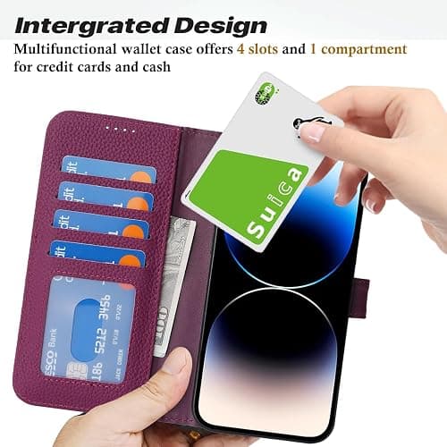 Zouzt Case for iPhone 14 Pro 6.1" Genuine Leather Wallet Case with 4 Card Slot, RFID Blocking Card Holder Magnetic Flip Folio Kickstand Shockproof Phone Cover Women Men - Rose Purple thumbnail 3