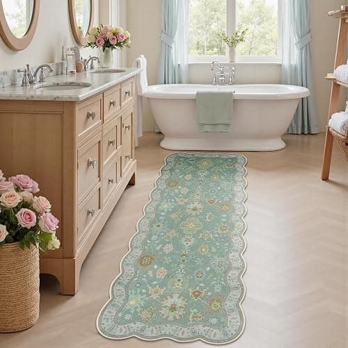 LORWER Oushak 2x6 Runner Rug, Washable Green Boho Floral Turkish Retro Runners, Scalloped Ultra Thin Non Slip Low Pile Long Throw Rug for Laundry Room Kitchen Bathroom thumbnail 6