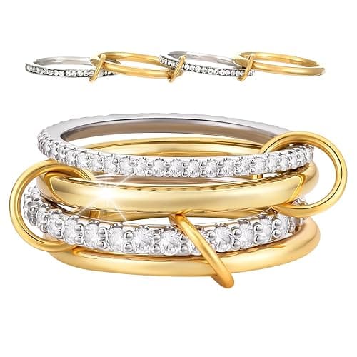 GmwyCzV Stapelbar Ringe für Damen, 18K Vergoldet Cubic Zirkonia Ringe, Gold und Silber 4 Ineinandergreifende Ring, Vergoldete Ringe, für Den Alltag Oder Besondere Anlässe(Größe 7) - Image 1