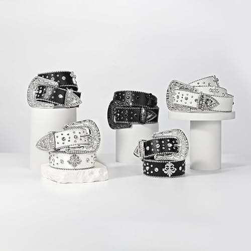 JASGOOD Rhinestone Studded Belt for Men Women, Western Leather Belt for Cowgirl Cowboy Vintage Bling Belt for Pants Dress thumbnail 7