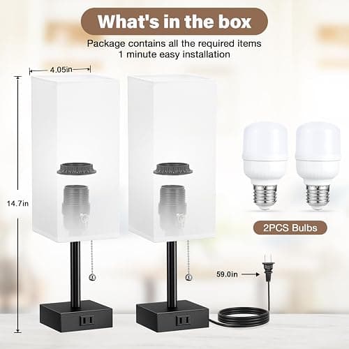 White Bedside Lamps for Bedroom Set of 2 - Small Rectangular Nightstand Lamp with AC Outlet Charging Port, 3 Color Temperatures Desk Light with Bulb, Tabletop Reading Lamp for Living Room/Dorm/Office thumbnail 8