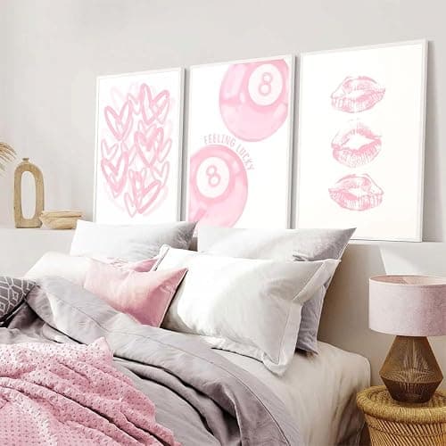 3Pcs Trendy Pink Preppy Canvas Wall Art Light Pink Cute Girly Lips Lucky 8 Ball Hearts Paintings Pictures Wall Decor Coquette Poster Printing Artwork for College Dorm Room Bedroom Home Decoration thumbnail 7
