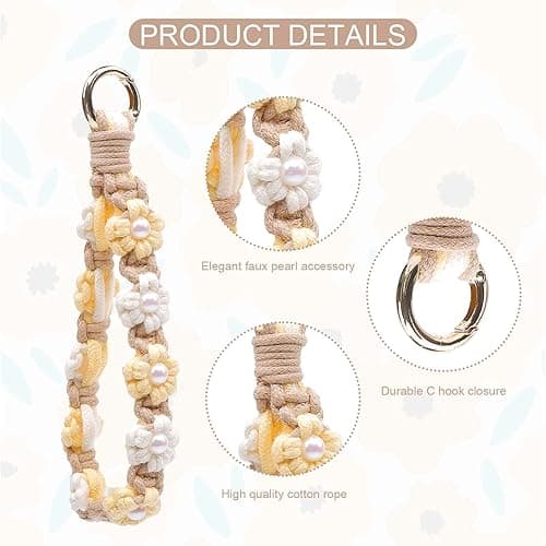 elephtree Boho Macrame Keychain Wristlet Keychain Weave Exquisite Keyring Holder Bracelet Handmade Wrist Lanyard for Women - Beige Flower With Pearl thumbnail 2