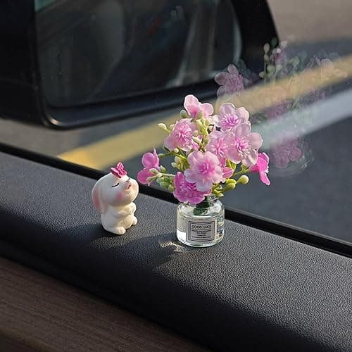 Generic Set of 2 Cute Mini Bunny and Peach Blossom in Flower Vase Car Rearview Mirror Ornaments Funny Dashboard Decorations Kawaii Car Interior Accessories for Women Gifts thumbnail 2