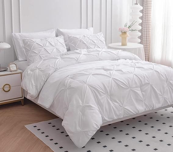 Lane Linen Full Comforter Set – 7 Piece Bed in a Bag – Pinch Pleated Full Size Bedding Set with Comforter, Flat Sheet, Fitted Sheet, Pillowcase & Sham – Soft Pintuck Bed Set - White thumbnail 3