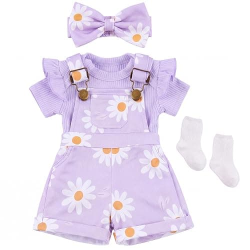 BABESIDE 4 Pcs Reborn Baby Doll Clothes Set for 17-22 Inch Baby Dolls | Cute Purple Flower Baby Doll Overalls Lifelike Reborn Baby Doll Accessories with Headband and Socks for Realistic Dolls Girl - Image 1