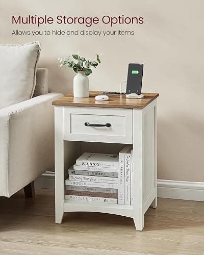 VASAGLE LIRY Collection - Farmhouse Nightstands with Charging Station, Set of 2 Bedside Tables, Side Tables with Drawer, Open Compartment, for Bedroom, Rustic White and Honey Brown ULET859K41 thumbnail 6