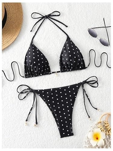 SOLY HUX Women's Polka Dots Print Bathing Suit Halter Triangle Tie Side Bikini Sets Two Piece Swimsuit thumbnail 2