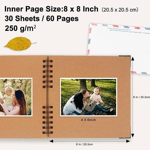 Scrapbook Album, 8 x 8 Inch Scrap book, 60 Brown Blank Pages Scrapbooks, Hardcover Photo Album Scrapbook, Kraft Paper Memory Book, Traveling, Birthday & Holiday Gifts. thumbnail 5