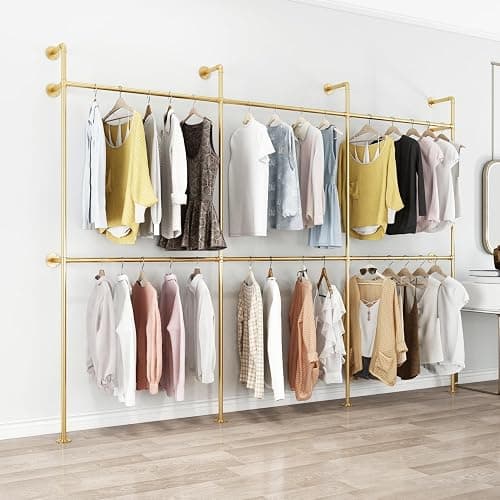 Industrial Pipe Clothing Rack, Heavy Duty Metal Clothes Rack with Double Rods for Hanging Clothes, Wall Mount Space-Saving Garment Display Rack (Three, Gold) thumbnail 4