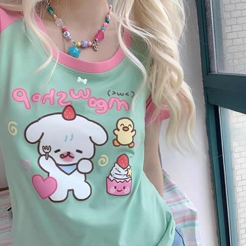 Pokn Y2k Kawaii Shirts for Women Cartoon Graphic Cute Cat Tees Off Shoulder Cutecore Shirts Harajuku Fashion Top thumbnail 4