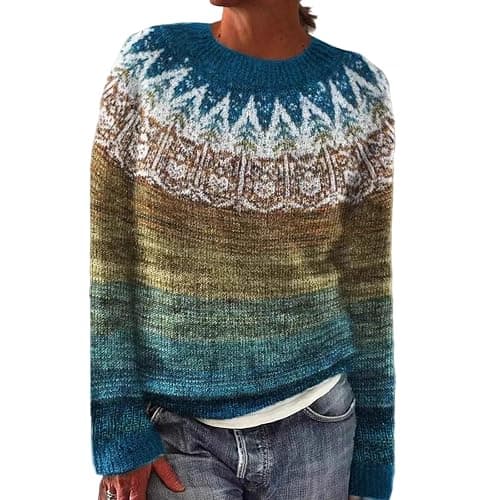 Women's Fair Isle Knitted Sweater Crew Neck Long Sleeve Pullover Soft Warm Retro Pattern Top for Fall Winter Casual Wear - Image 1
