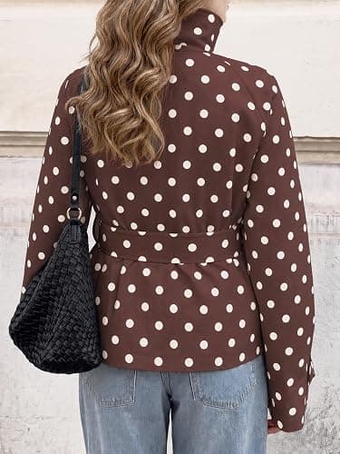 Tankaneo Womens Polka Dot Cropped Trench Coats Trendy Casual Short Jackets | Vintage, Street, Travel, Brunch, City Walk, Coffee, Weekend, Fall, Spring, Lightweight, Waist Belt, Oversized thumbnail 6