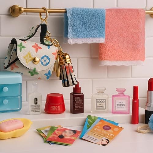 87Pcs Dollhouse Miniature Bathroom Accessories Cosmetic & Toilet Pretend Play Mini Makeup Set with Shampoo Perfume Hair Dryer Comb Purse Decor DIY Doll Backpack Glasses Photo Frame Salon Spa thumbnail 2