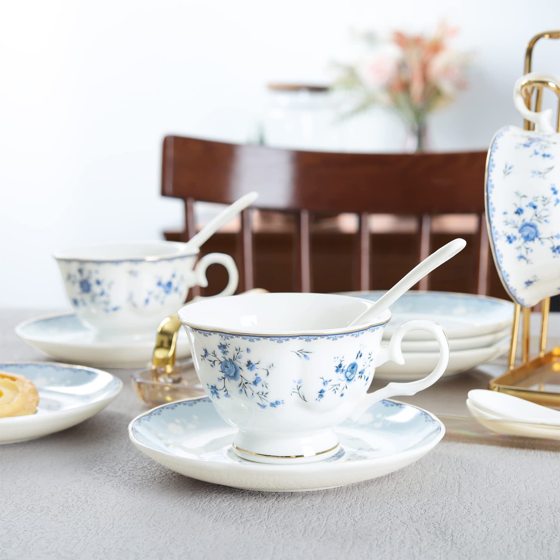 fanquare 15 Piece Blue Rose Porcelain Tea Set, British Floral Teapot with Tea Cups, Women Tea Party Set for 6 (FKT0529) thumbnail 4