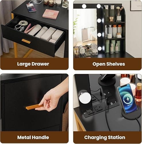 FIONESO Makeup Vanity Desk with Mirror & Lights, Vanity Desk with 4 Drawers & Charging Station, Dressing Vanity Table with Open Storage Shelves, 3 Color Modes, Vanity Table for Bedroom, Black thumbnail 7
