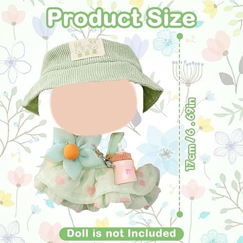 5 Pcs Doll Clothes for 17cm Dolls，Summer Youth Doll Clothes Accessories Set with 1 Green Strap Dress 1 Sunshade Hat 1 Bag 1 Bottle Decoration for Girls Boys Kids Birthday Gifts，No Doll thumbnail 3