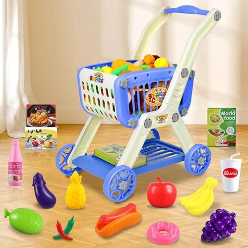 Kids Shopping Cart - 2 in 1 Toy Shopping Cart with Play Food Fruit Vegetable Dessert and Shop Accessories, 72pcs Pretend Play Grocery Store Toy Kitchen Game Trolley Play Set for Kids (Navy Blue) thumbnail 2