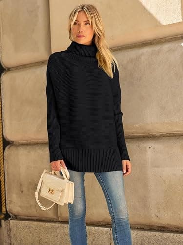 LILLUSORY Women's Oversized Turtleneck Sweaters Fall Batwing Sleeve Ribbed Tunic Sweater thumbnail 2