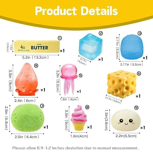 9 Pack Squishy Squeeze Toys, Slow Rising Soft Squishy Set with 9 Different Designs, Random Colors, Stretchy Hand Fidget Set for Desk, Office, and Daily Use thumbnail 4