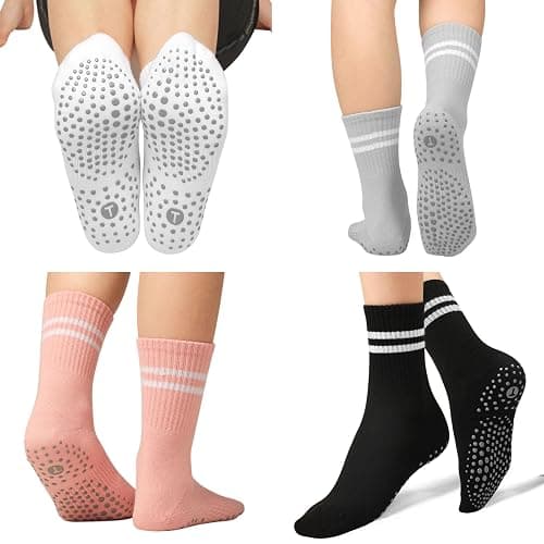 Toes Home Pilates Socks for Women with Non Slip Grippers, Yoga Crew Socks for Barre Hospital Sticky Slipper Socks 4 Pairs thumbnail 4