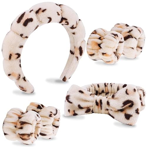 VELSCRUN 6 Pack Spa Headband, Makeup Headband, Face Wash Headbands, Skincare Headbands, Leopard Sponge Hair Band Bow Tie Spa Head Band for Washing Face Wristband Set Hair Accessories for Women Gifts - Image 1