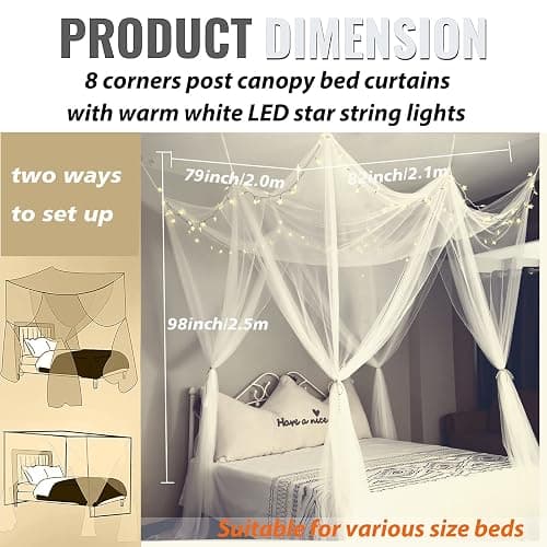 Obrecis White Bed Canopy with Lights for Girls Bedroom Decor, 8 Corner Princess Canopy Bed Curtains with Warm White LED Star String Lights Remote Control Canopy for Bed Twin Full Queen King Size Bed thumbnail 5