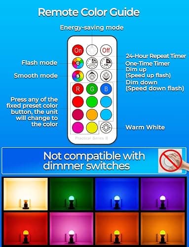 ILC RGB LED Light Bulb, Color Changing Light Bulb, 40W Equivalent, 450LM, 2700K Warm White 5W E26 Screw Base RGBW, A15 Color Lights Bulb - 12 Color Choices - Timing Infrared Remote Control (4 Pack) thumbnail 6